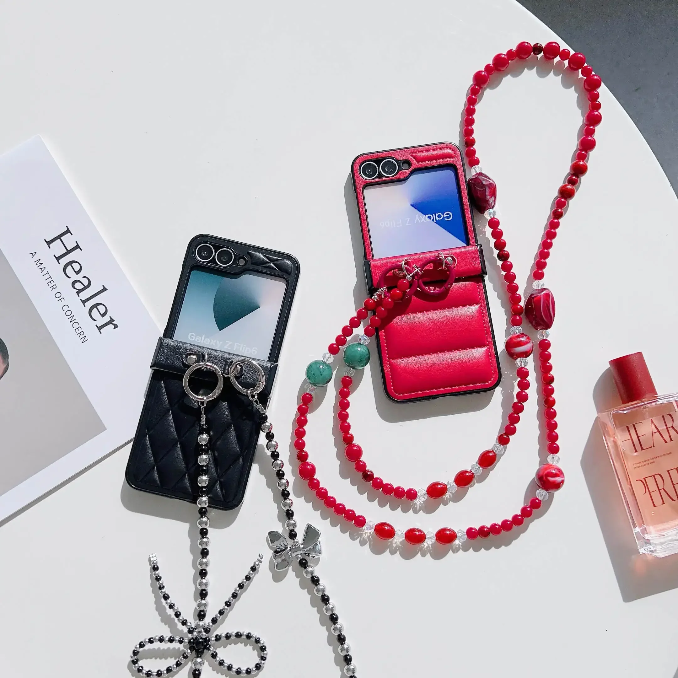 Vibrant Beaded PU Leather Crossbody Lanyard Phone Case with Hinge Protection and Shockproof Design