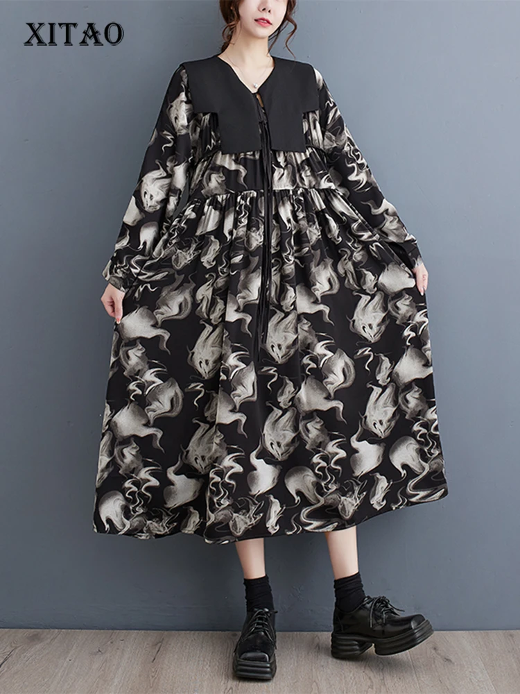 

XITAO, модное платье с принтом, съемный v-образный вырез, шаль, длинный рукав, пуловер, женское платье, 2023, новое осеннее платье ZZ0166