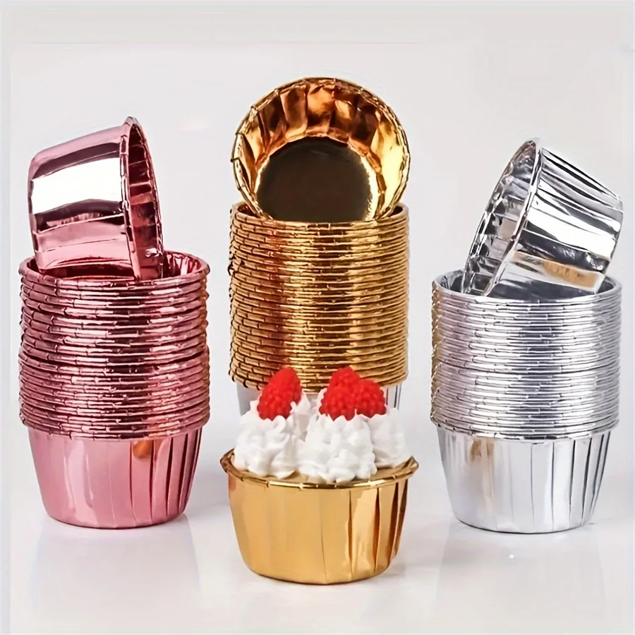 50er-Pack runde Backformen für Cupcakes und Muffins, 9 Farben, hitzebeständige Einweg-Backförmchen aus Aluminiumfolie, geeignet – Detail 3