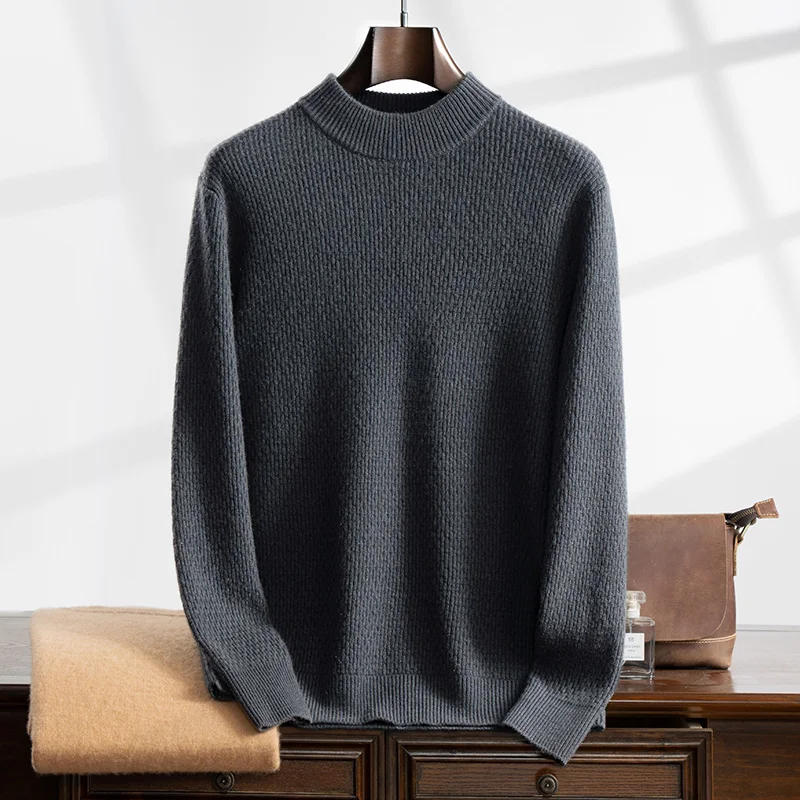 New (100% cashmere sweater) seven needle thick men's casual corn kernels versatile temperament semi high neck sweater 2