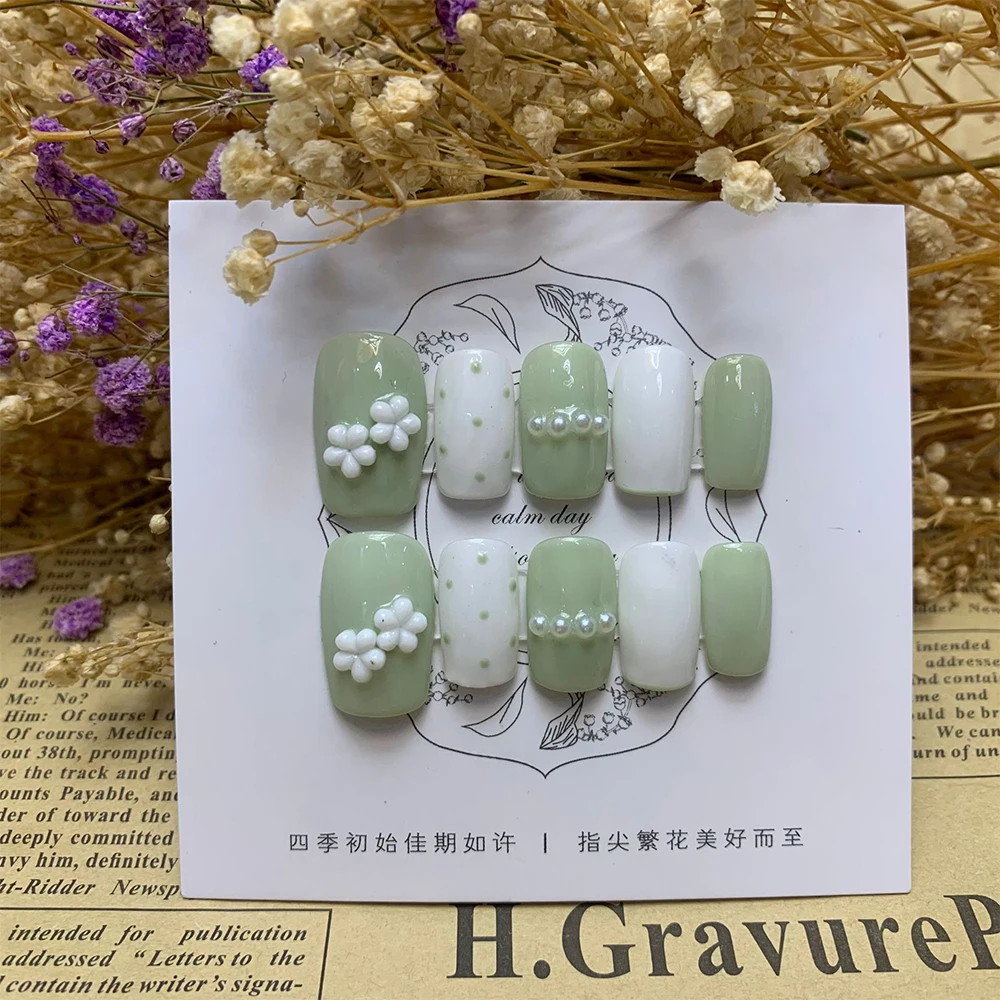 Green Fake Nails Handmade Acrylic Press On Nails With Design Decoration