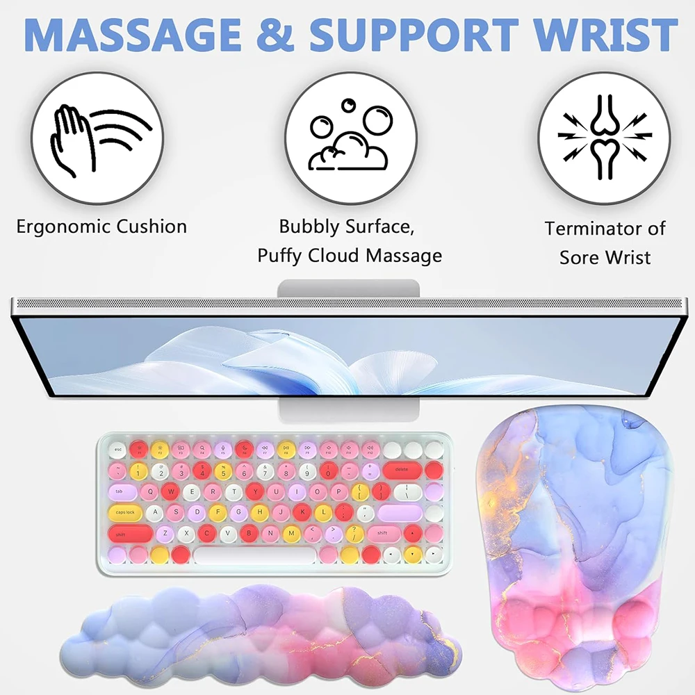 Cloud Wrist Rest Keyboard and Cute Mouse Pad Set with Soft Memory Foam Wrist Support Mousepad Arm Rest for Desk
