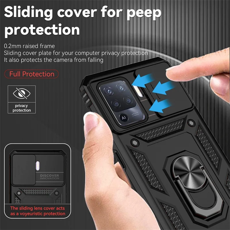 Shockproof Armor Case with Metal Ring Holder and Slide Lens Protector Cover