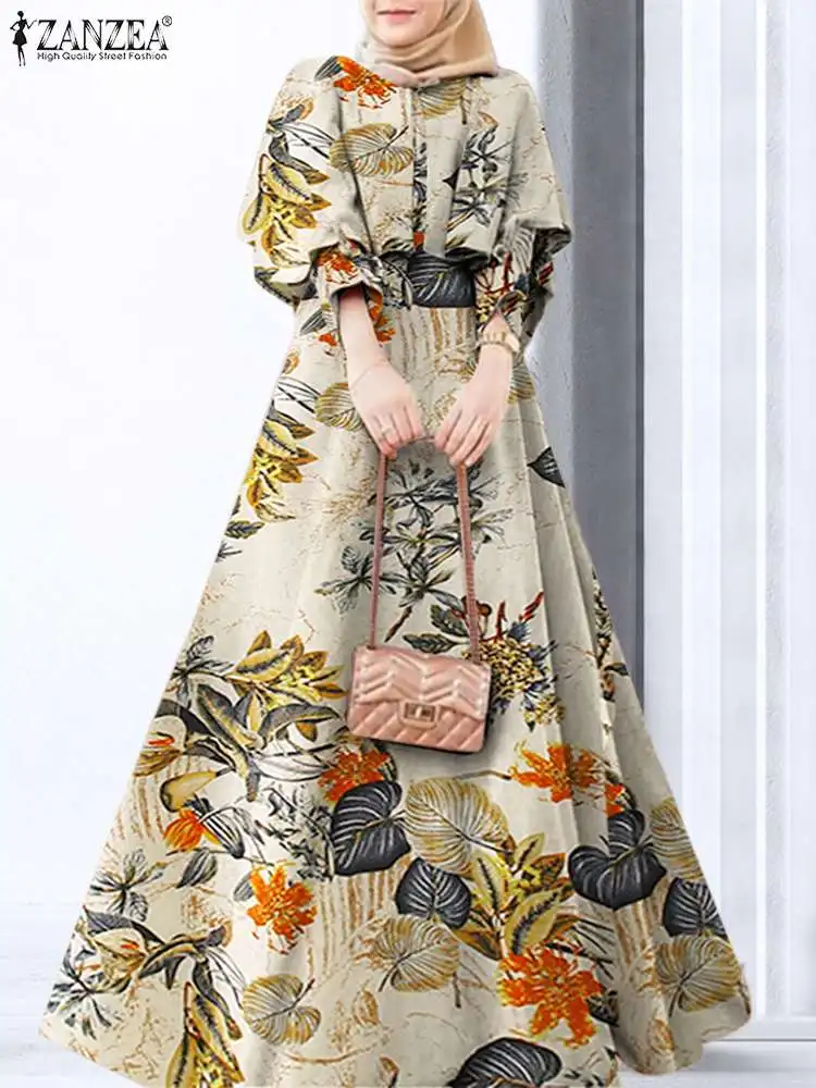 ZANZEA Women Floral Printed Muslim Dress O-Neck Long Sleeve Jilbab Abaya Robe Bohemian Elegant Casual Loose Holiday Maxi Dresses