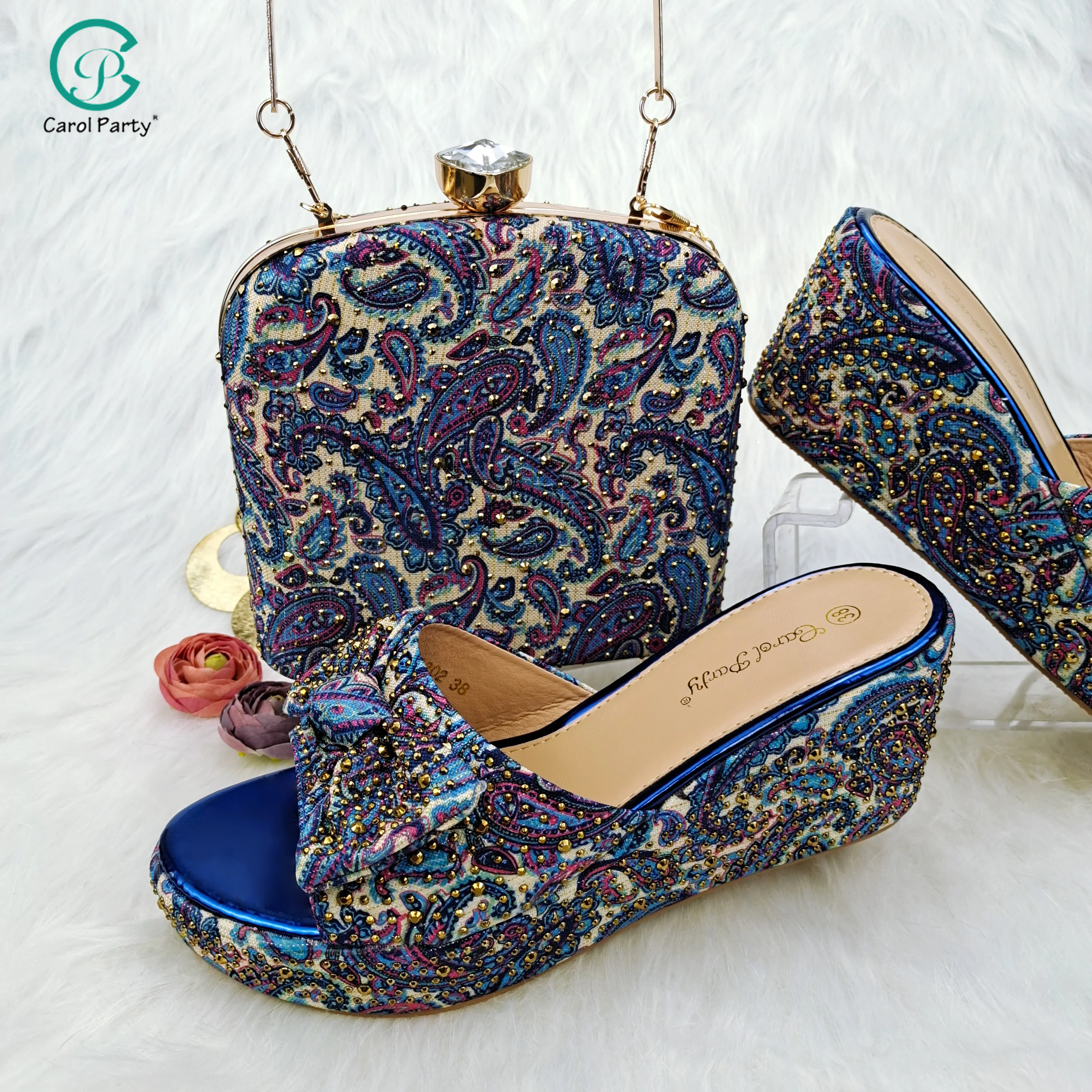 

Italian Design Paisley Pattern R.Blue Color Women's Shoes and Bags Matching Party Fashion and Comfortable Middle Heel Shoes