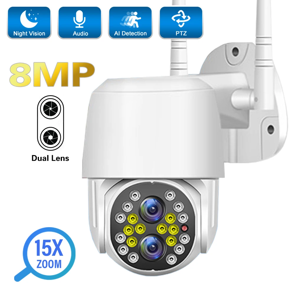 4K 8MP IP Camera Dual Lens 15X Zoom Outdoor AI Human Detect Color Night Vision WiFi PTZ Video CCTV  Security Surveillance Camera