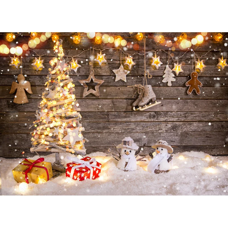 Weihnachts-Fotohintergrund Holz Wand Mit Schneemann – 2,1 X 1,5 M, Vinyl, Wasserdicht