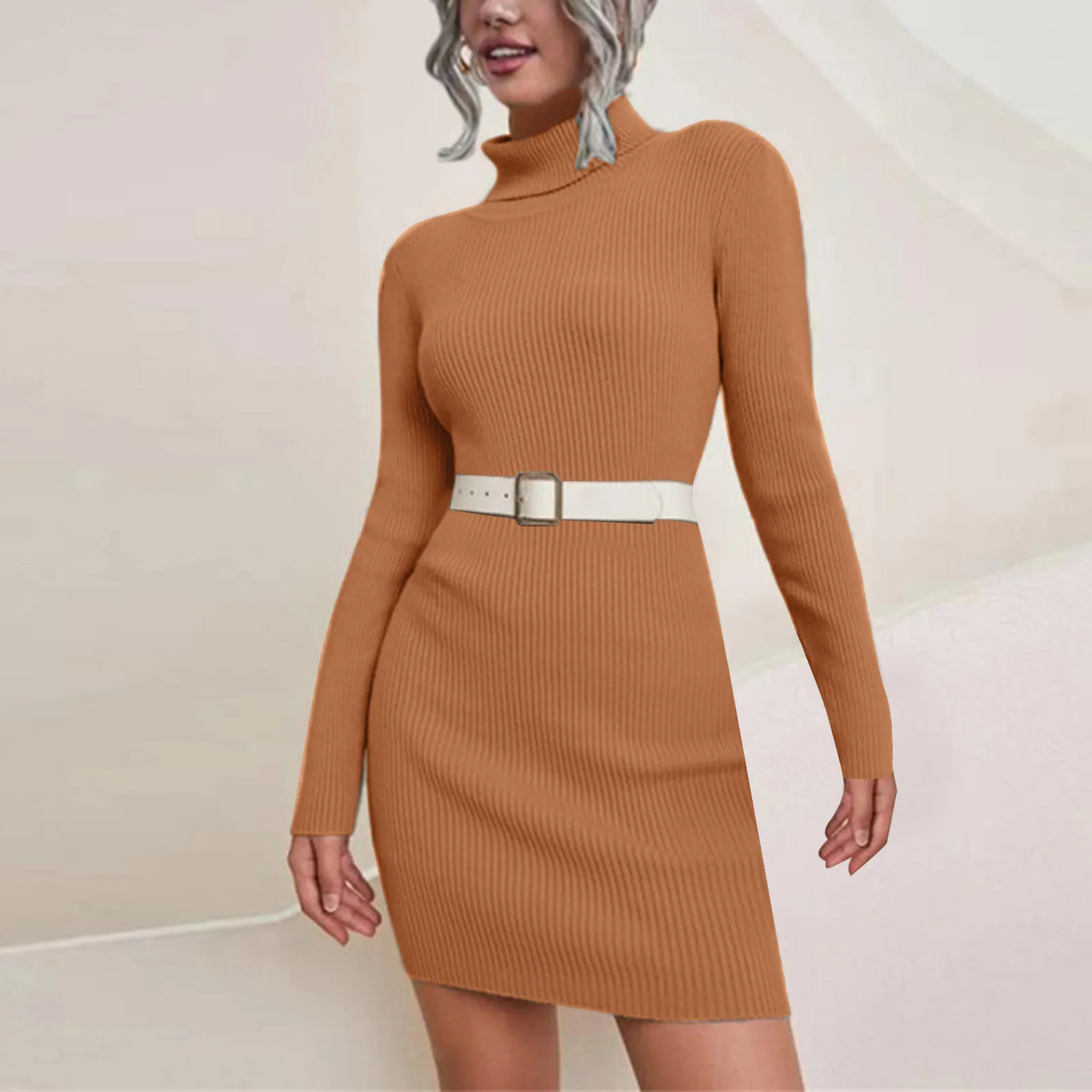 thumbnail image 1 of Vestidos midi de manga larga para mujer, ropa de calle ajustada de otoño, elegante vestido blanco de cuello alto de punto acanalado, vestido liso para mujer, ceñido al cuerpo, 1 of 5