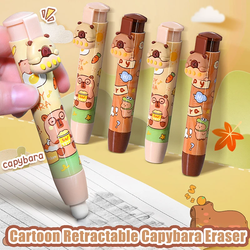 1Pcs Cute Capybara Press On Erasers Cartoon Kawaii Retractable Rubber Pencil Erasers For Kids Students Writing Drawing