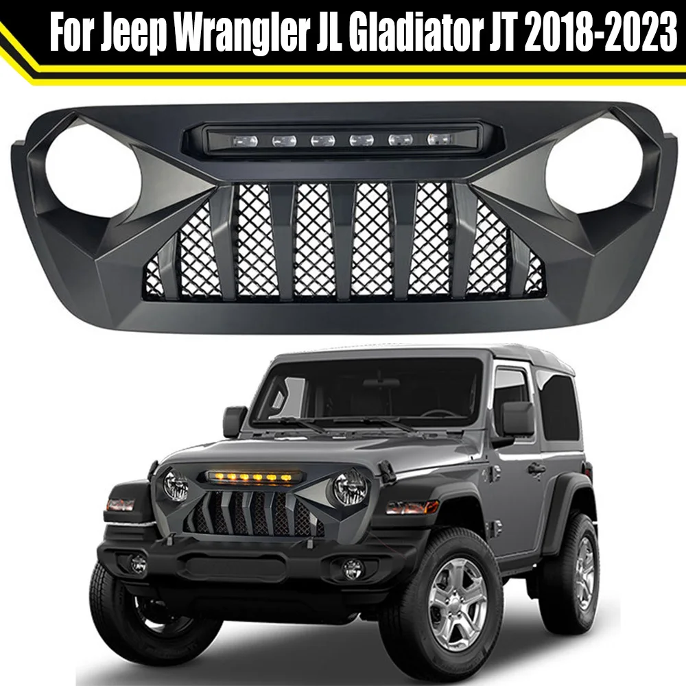 

Front Bumper Grille Racing Grill Guard Grid For Jeep Wrangler JL Gladiator JT 2018-2023 Demon Matte Black Amber Spotlight Style