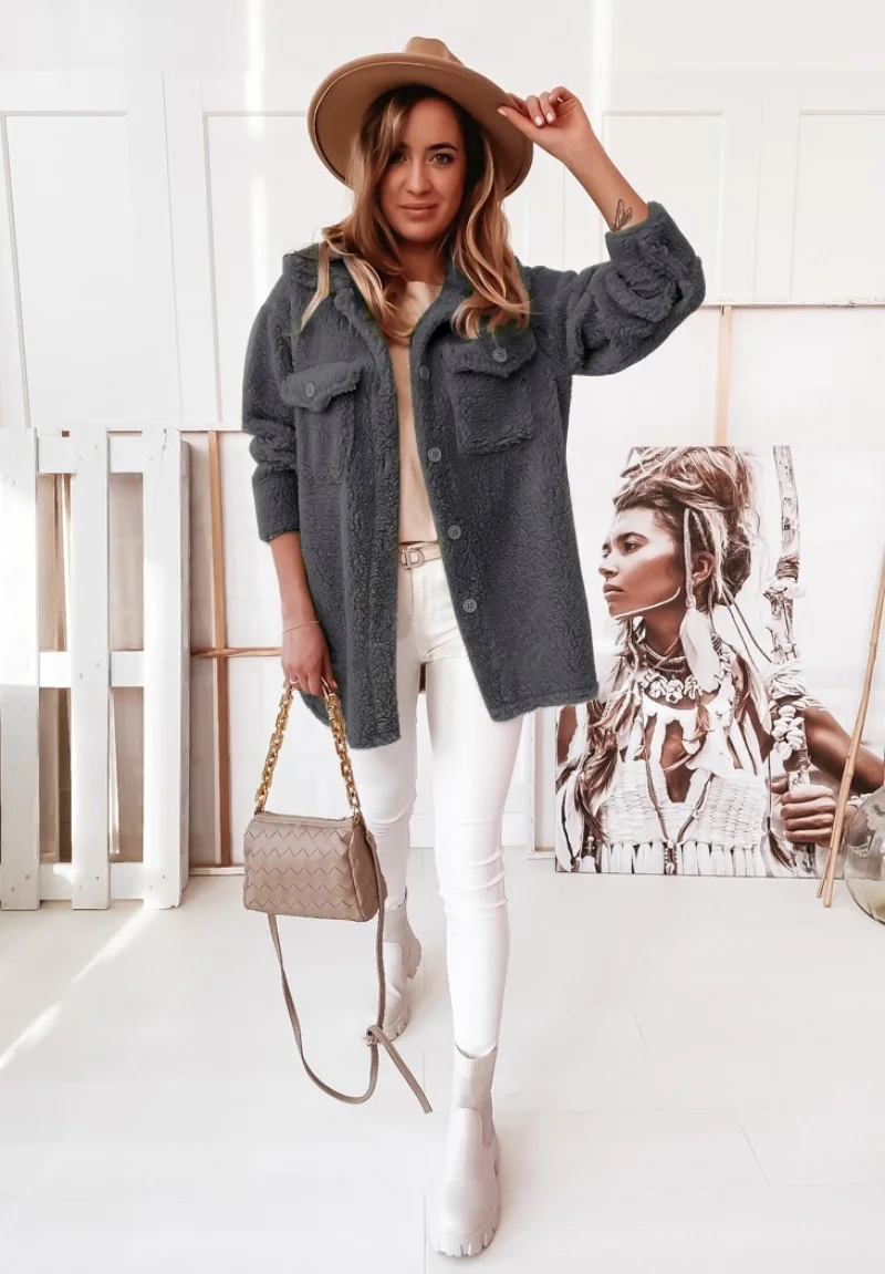 Pure Color Warm Faux Fur Pocket Lamb Wool Single-breasted Temperament Jacket Women Autumn and Winter Street Style New Jacket