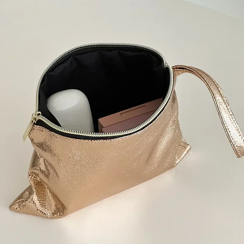 Fashion Rose Gold Silver Makeup Bag for Women Shiny Women's Clutches High Capacity Portable Large Cosmetic Brush Storage Pouch