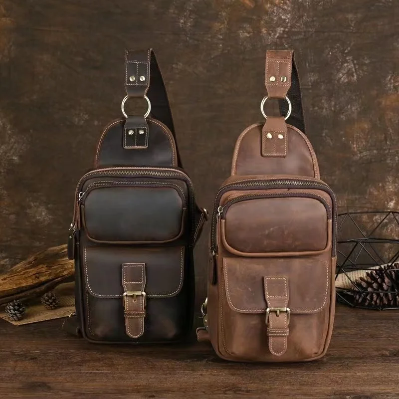 

Vintage Genuine Leather crazy horse Chest Bag Cowhide Shoulder Messenger Bag Large Capacity Male Crossbody Bag Casual Sling Bag