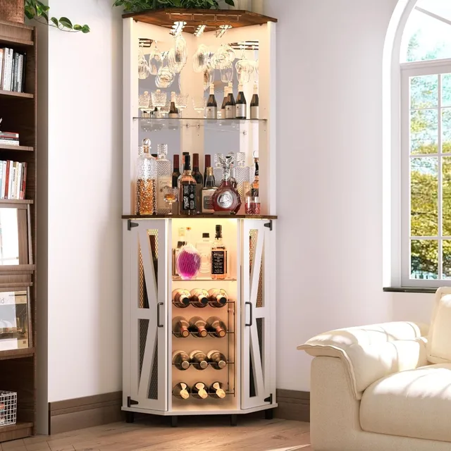 68.9“ Tall Corner Bar Cabinet, Wine Bar with LED Light and Mirror, Farmhouse Liquor Cabinet with Adjustable Shelf.Customized