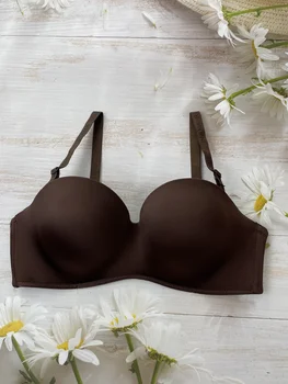 Three-breasted solid color D cup ladies underwear sexy big chest thin mold cup high-end bra 1