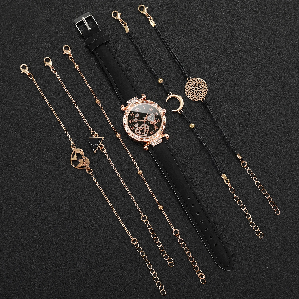 6PCs/Set Women's Fashion Watch Round Multi heart Dial Leather Strap Quartz Watch with Black Triangle Bracelet