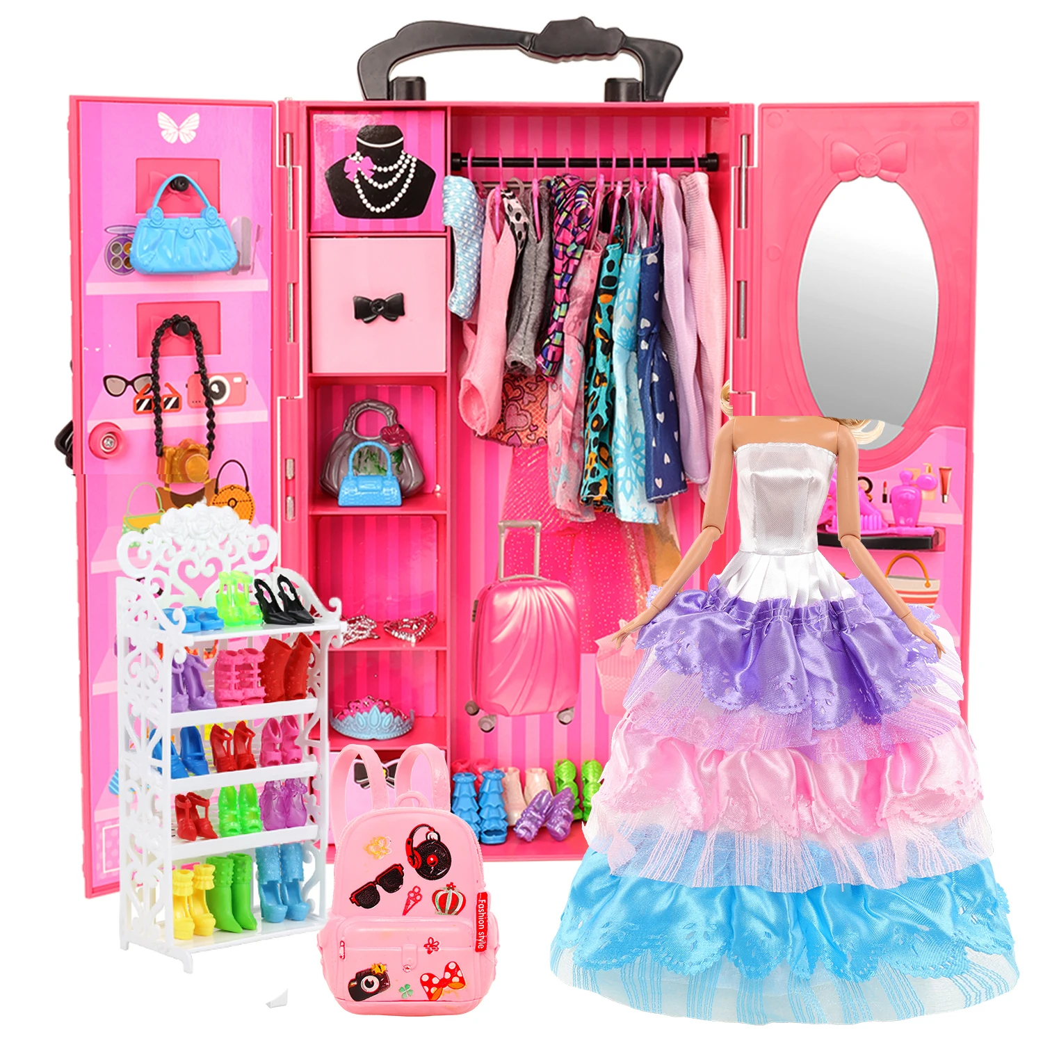Doll House Funiture 42 Item =1 Wardrobe + 41 Accessories Dress Crown Necklace Shoes Glasses For Barbie Toys Gift Girls Closet