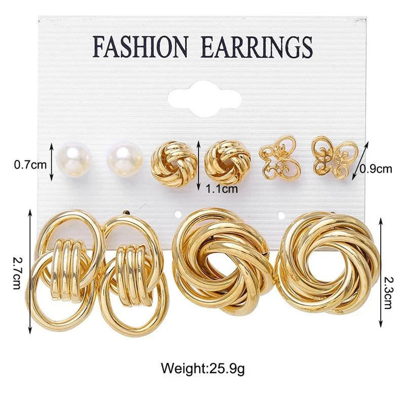 Boho Gold Color Pearl Earrings Set for Women Fashion Vintage Chunky Heart Zircon Geometric Studs Earrings Simple Jewelry Gifts