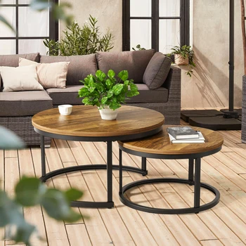 2Pcs Round Coffee Table, Nordic Modern Living Room Side Table,Multi-Function Side Table With Metal Frame For Living Room/Bedroom