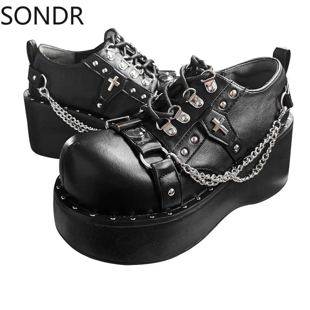 

Women Lolita Rivet Belt Buckle Round Toe Gothic Punk Pumps Shoes Platform Wedge High Heel Creepers Japanese Harajuku Dark