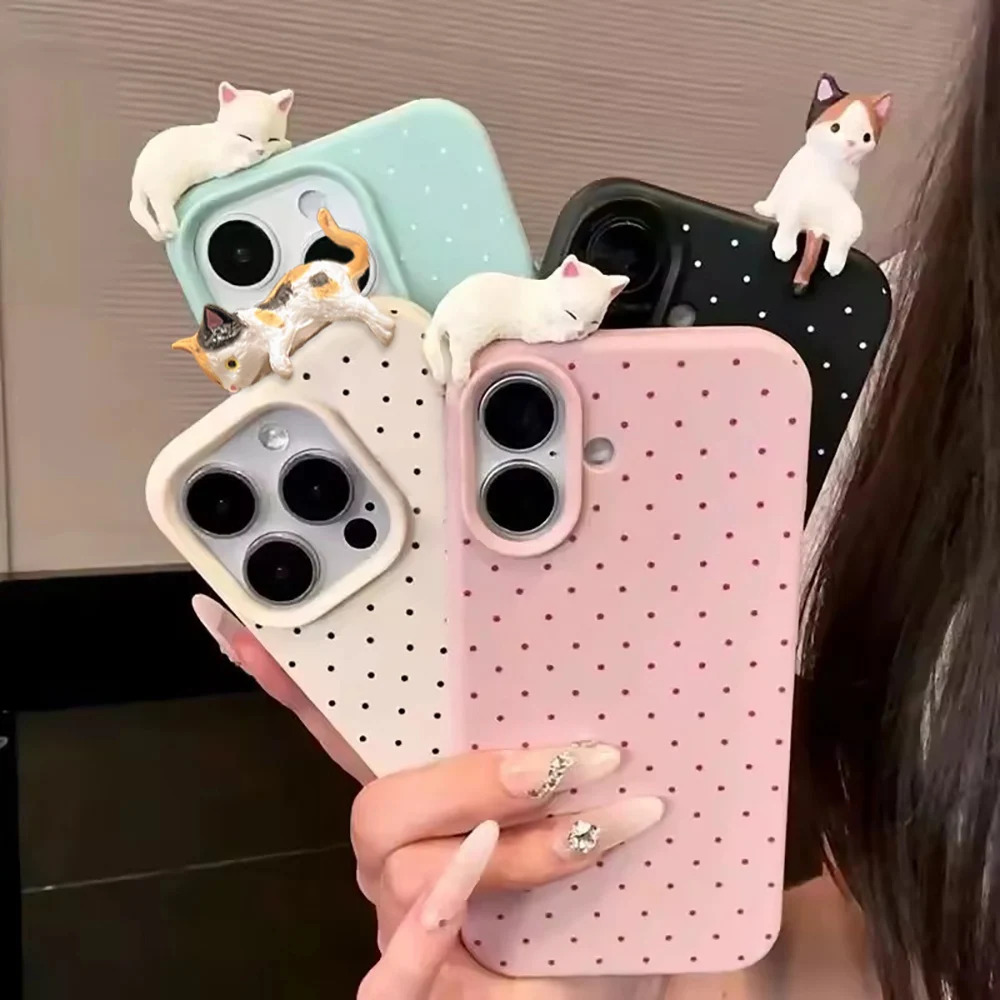 Korea Lovely Dot 3D Cartoon Leather Shockproof Cat Phone Case