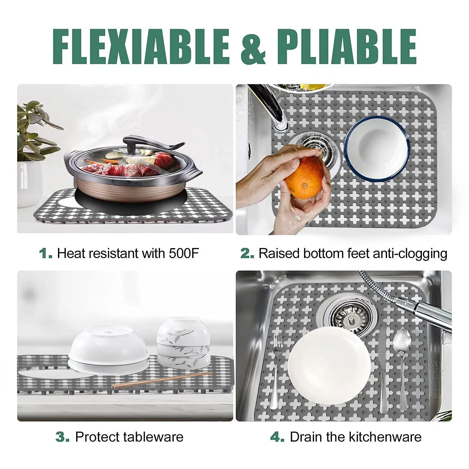 Quick Drain Sink Mat Anti Slip Silicone Sink Mat Drying Dishes Heat Insulation Protector Kitchen Tableware Bathroom Drying Mats