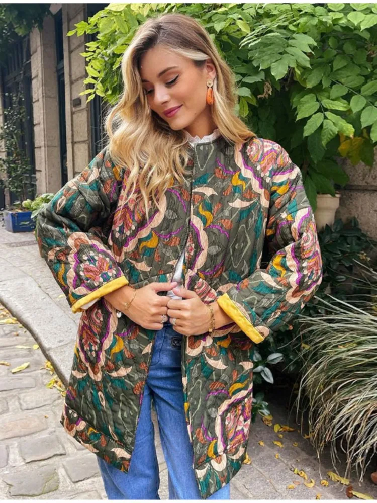 

Chic O-neck Printed Double Pockets Cotton Coat For Women Long Sleeve Quilted Spliced Tunic Thick Warm Highstreet Outerwear 2023