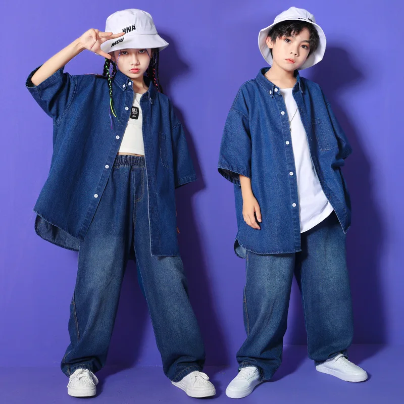 

2023 New Ballroom Hip Hop Dance Costumes For Kids Loose Denim Suit Boys Jazz Street Dance Wear Girls Stage Rave Clothes DQS13130