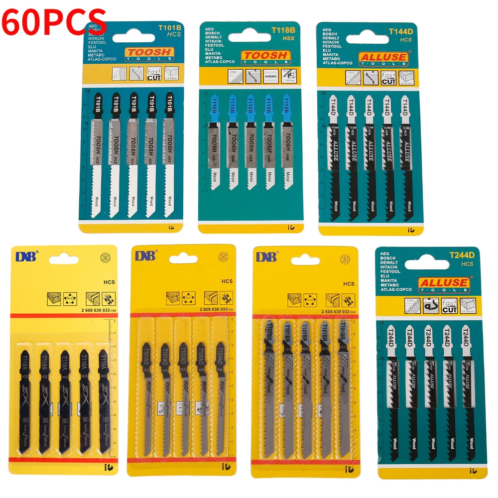 Jig Saw Blades 60Pcs Universal Jig Saw Blade Set HCS Assorted Blades Fast Cut Down Jig Saw Knife Cutter Accessories for Wood Plastic