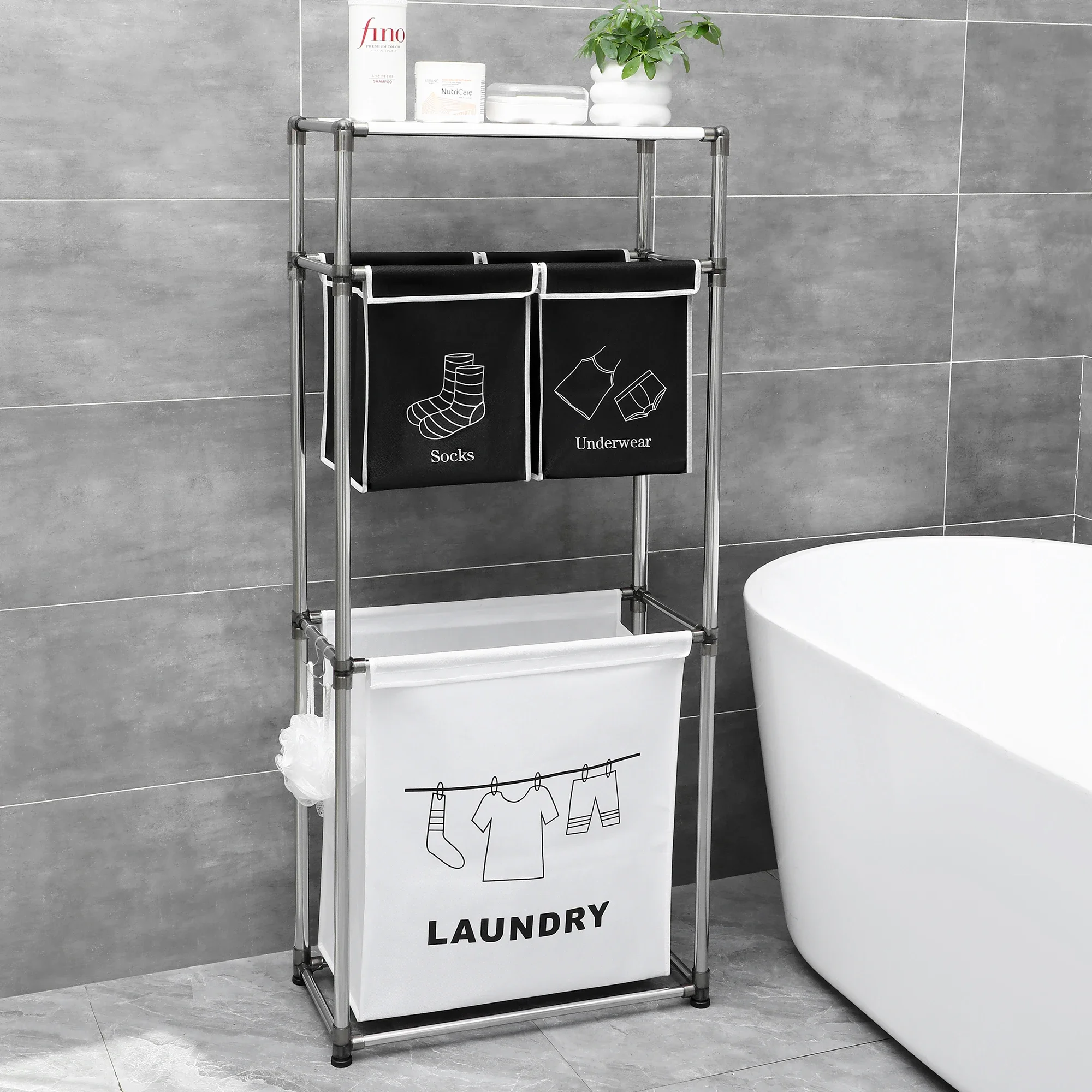 

Laundry Hamper 3 Tier Laundry Sorter with 4 Removable Bags ,Three hooks