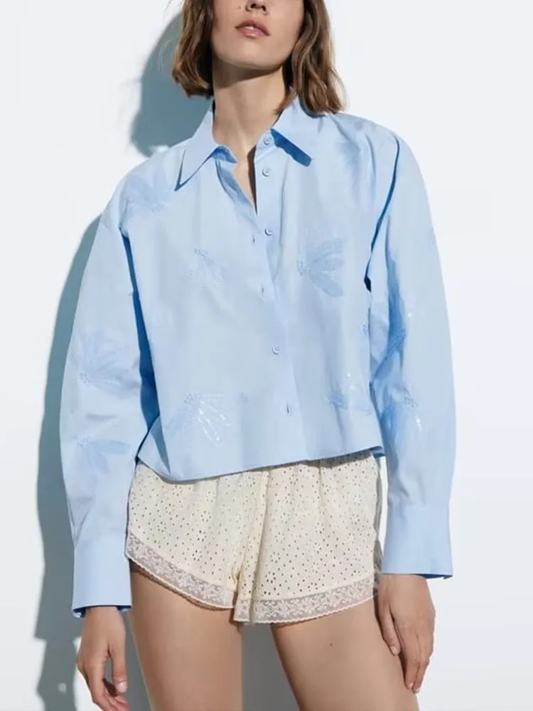 

Новая женская летняя модная Милая синяя универсальная Свободная рубашка в Корейском стиле с вышивкой и длинными рукавами с лацканами