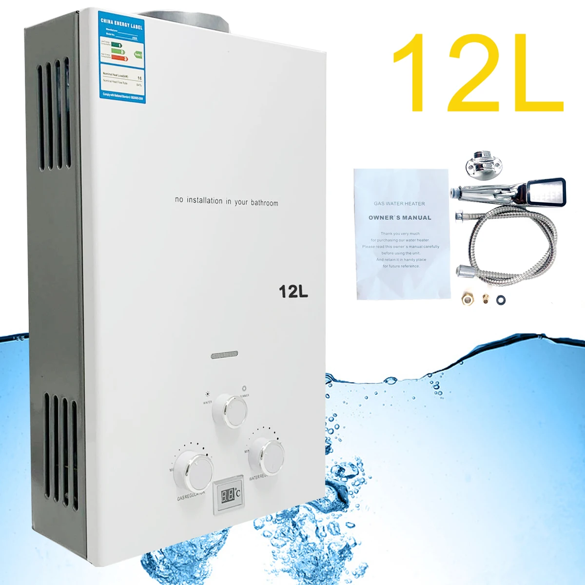 Scaldabagno A Gas Propano GPL 12L 24KW Istantaneo Portatile - Per Docce Da Campeggio, Camper, Giardino Con Kit Doccia Incluso (Argento) - Foto 2