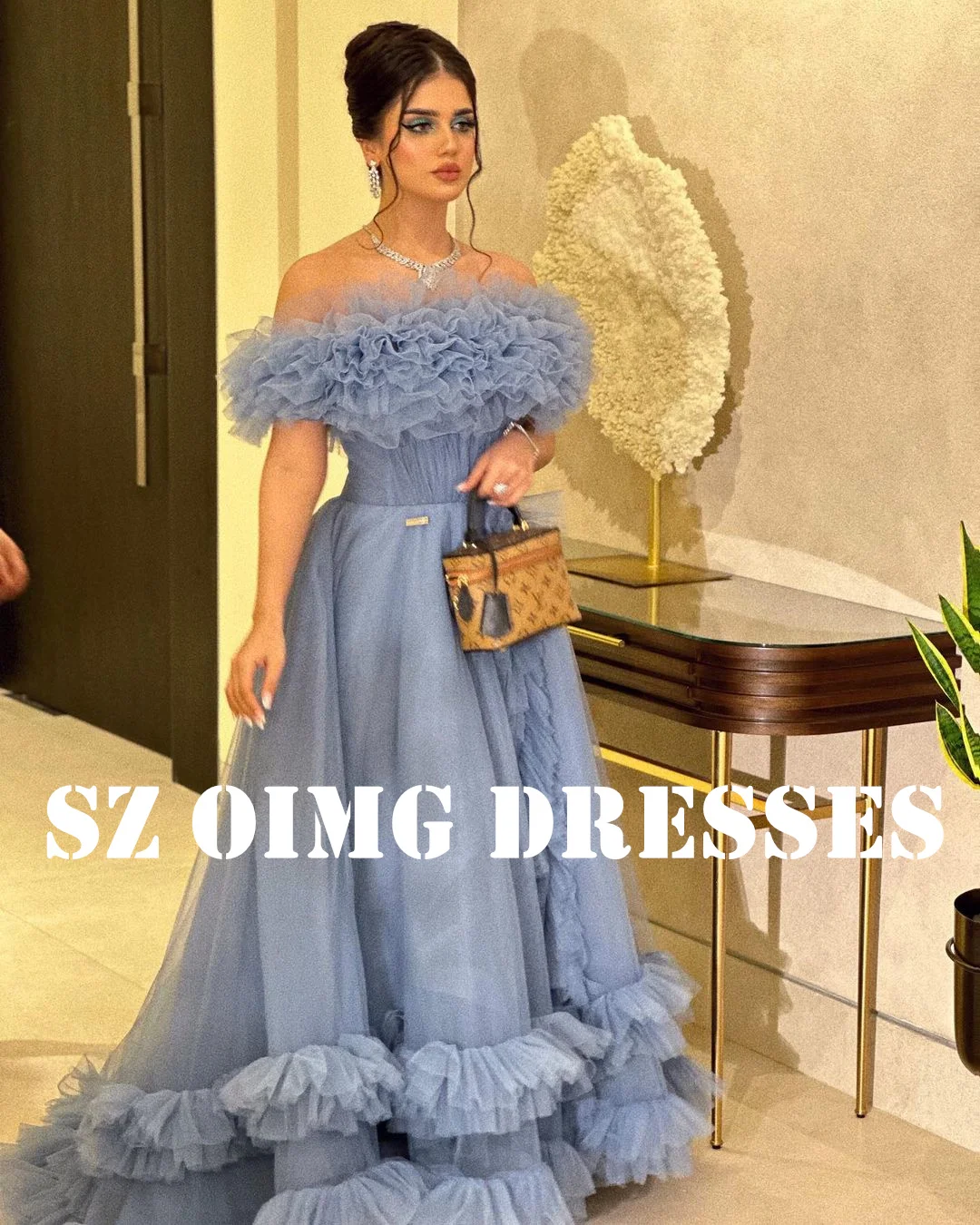 

OIMG New Design Sky Blue Off -Shoulder Prom Dresses Arabic Women Tiered Short Sleeves Ruffles Evening Gowns Formal Party Dress