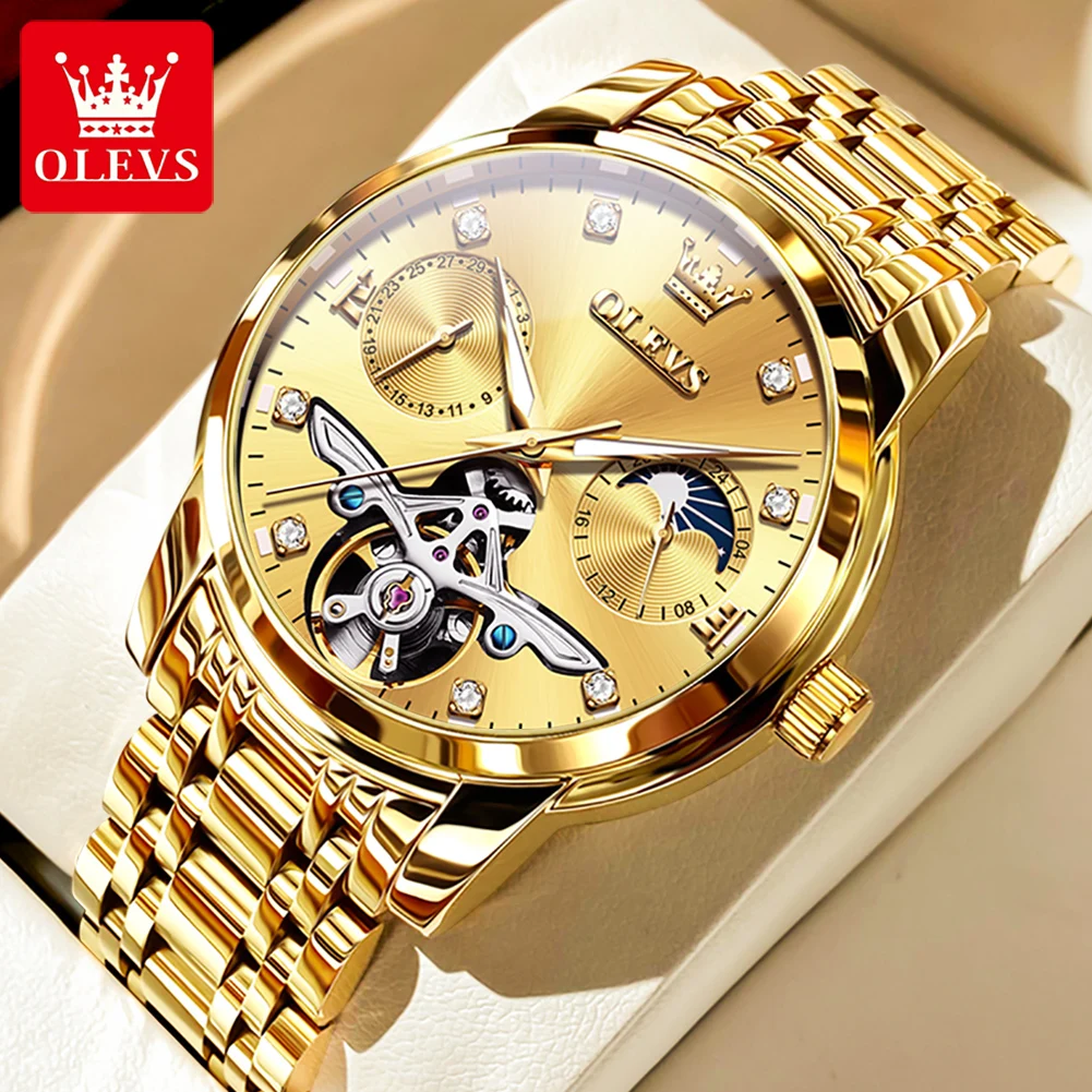 OLEVS Brand Luxury Gold Mechanical Watch Men Stainless Steel Waterproof Moon Phase Fashion Tourbillon Watches Relogio Masculino