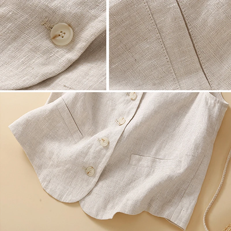Vintage Damen Weste Baumwolle Leinen Lässige Lose Weste Oberbekleidung Einreiher V-Ausschnitt Ärmellose Westen Jacken 2024 Sommer Top – Detail 9
