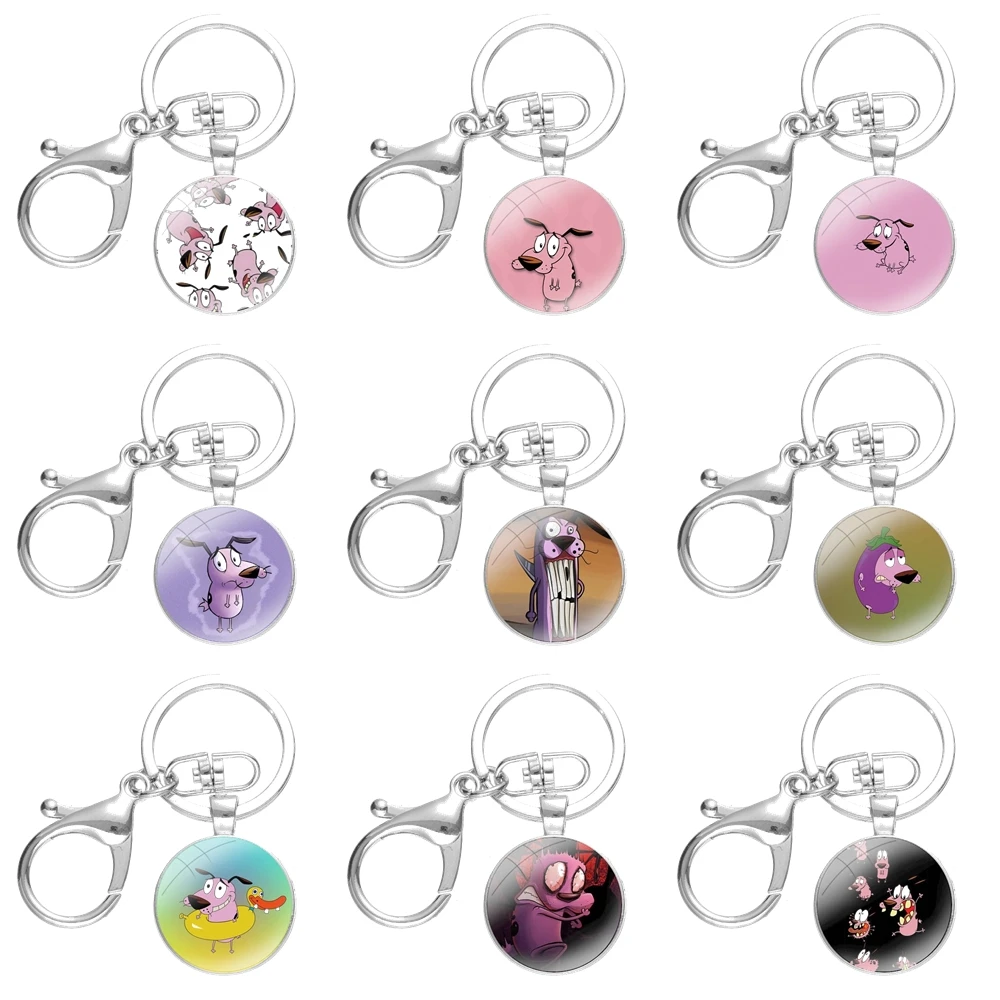 

Fashion Cartoon Design Creative Keychain Handmade Glass Cabochon Key Ring Holder Pendant Key Chains cartoon courage cowardly dog