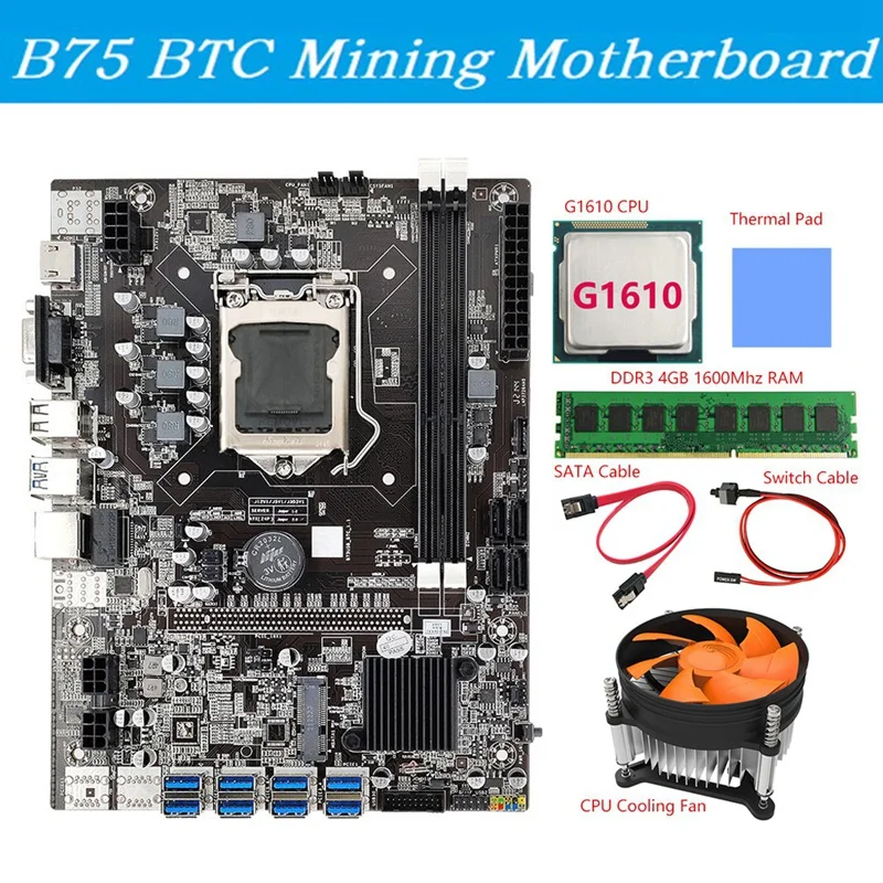 B75 BTC Mining Motherboard LGA1155 8XPCIE USB3.0 G1610 CPU+SATA Cable+Thermal Pad+Cooling Fan+DDR3 4GB 1600Mhz RAM Miner best cheap motherboard for gaming pc