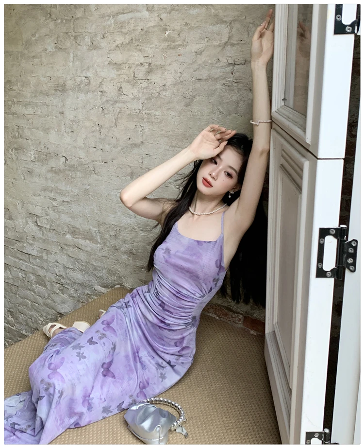 Sexy Printed Long Dresses for Women Mesh Spaghetti Strap Slim A-line Party Dress Summer Korean Fashion One Piece Vestido Mujer