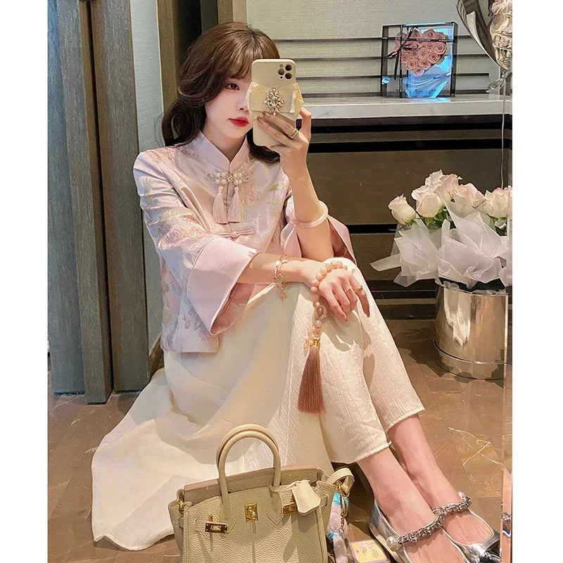 Sweet Vintage Stand Collar Floral Embroidery Tassel Long Sleeve Tang Suit Jacket Women Chinese Elegant Blue Slim Shirt