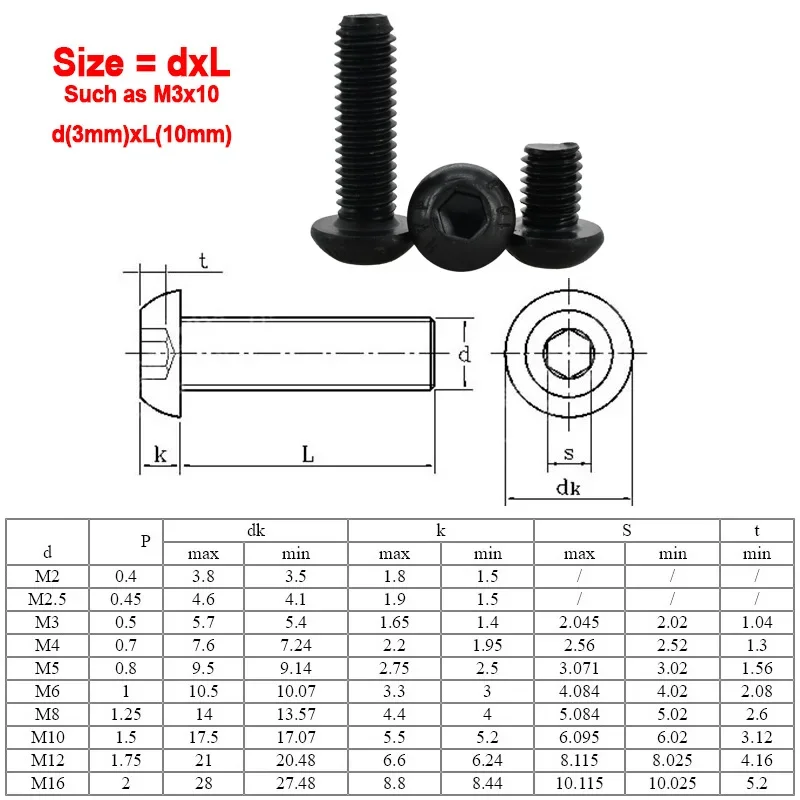 Screw bolt nut set ISO7380 Allen Hexagon Hex Socket Button Round Head Screw Nut Kit M2 M3 M4 M5 M6 Black Grade 10.9 Carbon Steel Bolt Nut Set