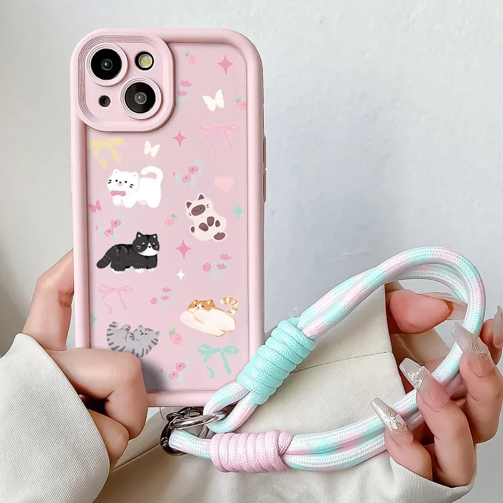 Cartoon Cat Soft TPU Wrist Chain Lanyard Phone Case
