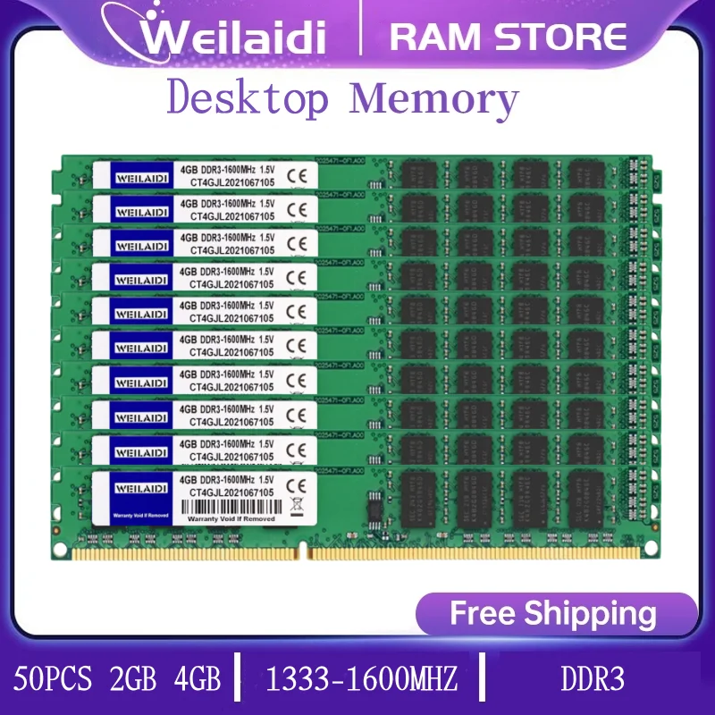 

50Pcs DDR3 Memoy Ram 2GB 4GB 1333Mhz 1600Mhz PC3-10600 DIMM Memoria RAM 1.5V Desktop Computer 240 Pins NON ECC Compatible