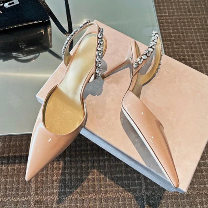 

Пикантные сандалии на высоком каблуке с кристаллами, женские туфли-лодочки с острым носком, женская обувь из искусственной кожи, роскошная дизайнерская обувь