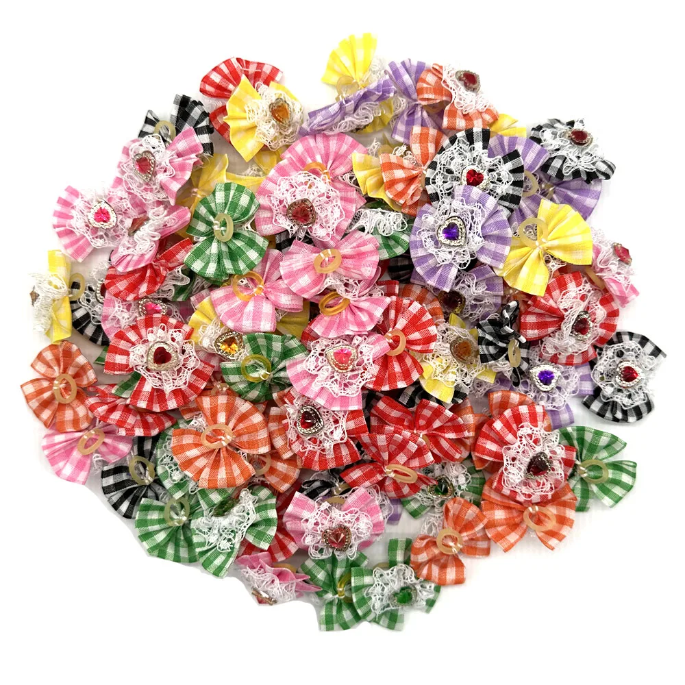 50/100pcs Pet Dog Hair Accessories Diamond Dog Hair Bows Love Style Pet Dog Ribbon Bow Rubber Bands Dog Supplies Samll Dog Bows 2