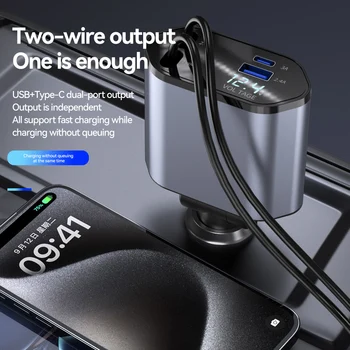 New Arrival 100w 4 IN 1 Retractable Car Charger USB Type C Cable For IPhone Samsung Fast Charge Cord Cigarette Lighter Adapter 3