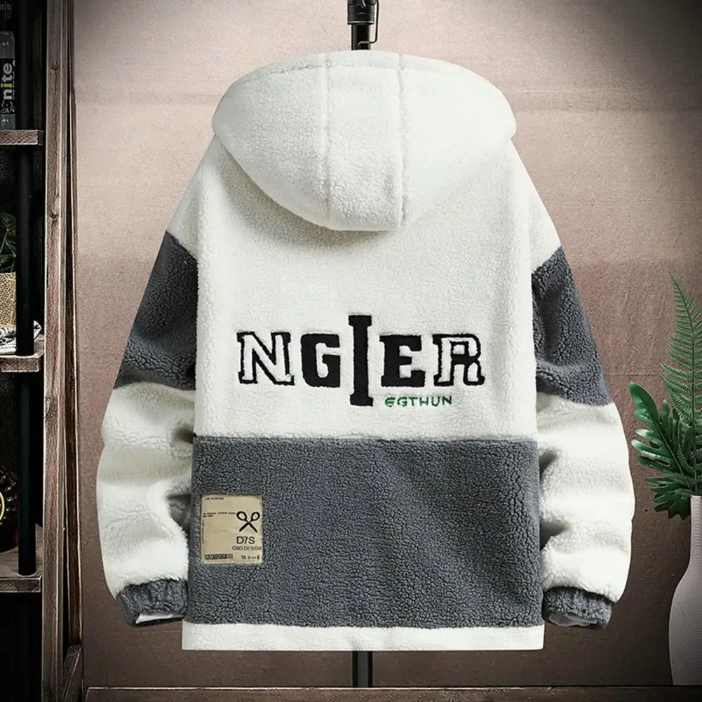 Men Warm Winter Jacket Colorblock Hooded Men's Jacket with Plush Letter Decor Cold Resistant Design Warm Winter Coat with Zipper