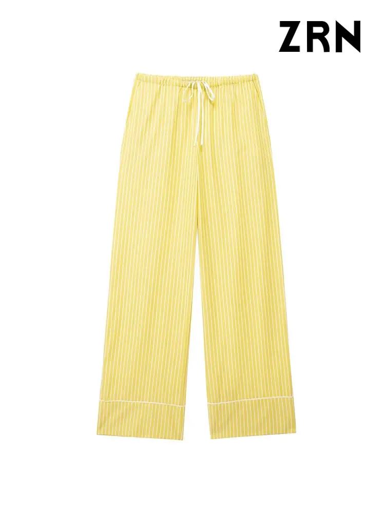 ZRN Women Fashion Oversized Striped Shirts And Mid Elastic Waist With Drawstring Pants Female Two Piece Sets Mujer