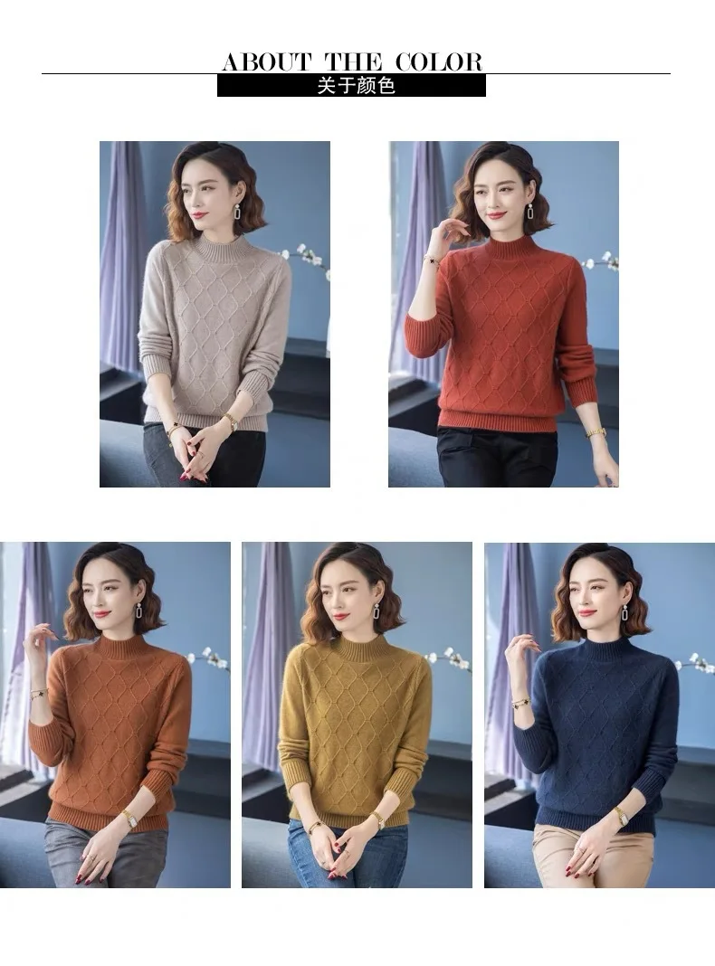 Lässiger einfarbiger Pullover mit halbem Stehkragen, modischer Herbst-Winter-Strick-Basispullover, warme Damen-Bottom-Oberteile, Pertanian – Detail 1