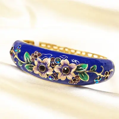 

NEW Cloisonne Bracelet with diamond inlaid double flower double-layer large size open-ended jewelry for girlfriend and mother