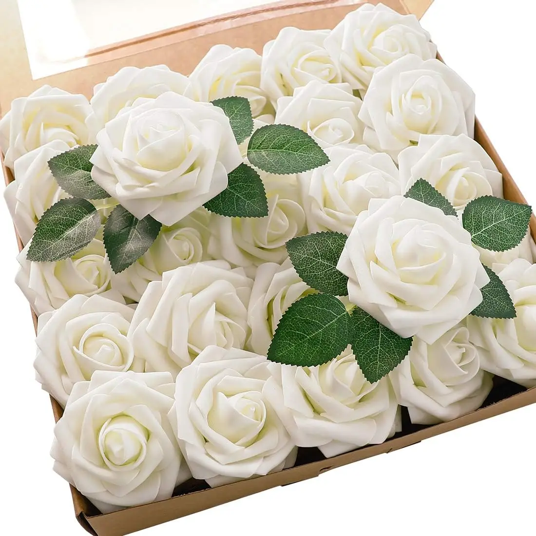 

Artificial Flowers 25pcs Real Looking Ivory Foam Fake Roses for DIY Wedding Bouquets White Bridal Arrangements Party Table Decor